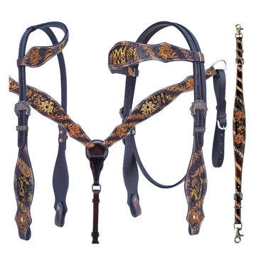Bar H Equine American Leather Horse Saddle Tack One Ear Headstall Breast Collar Browband Wither Strap Tropical Snake